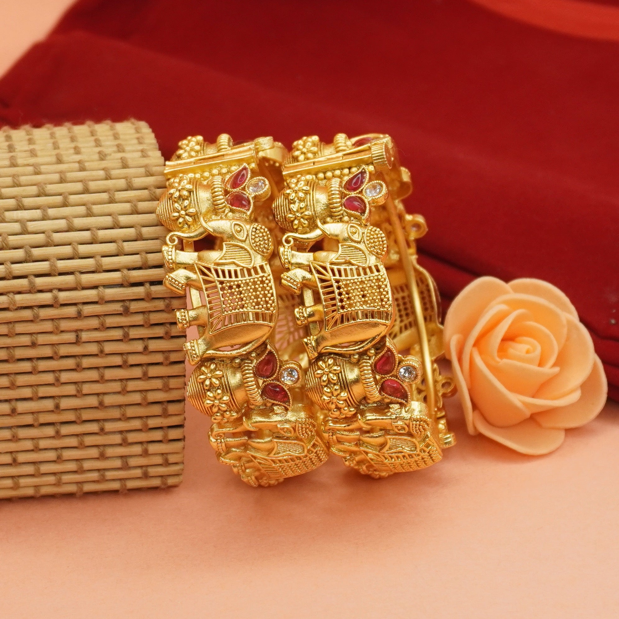 Indian Gold Plated Temple Elephant Cuff Bangles Pair with Ruby Crystal Accents Traditional Bridal Jewelry