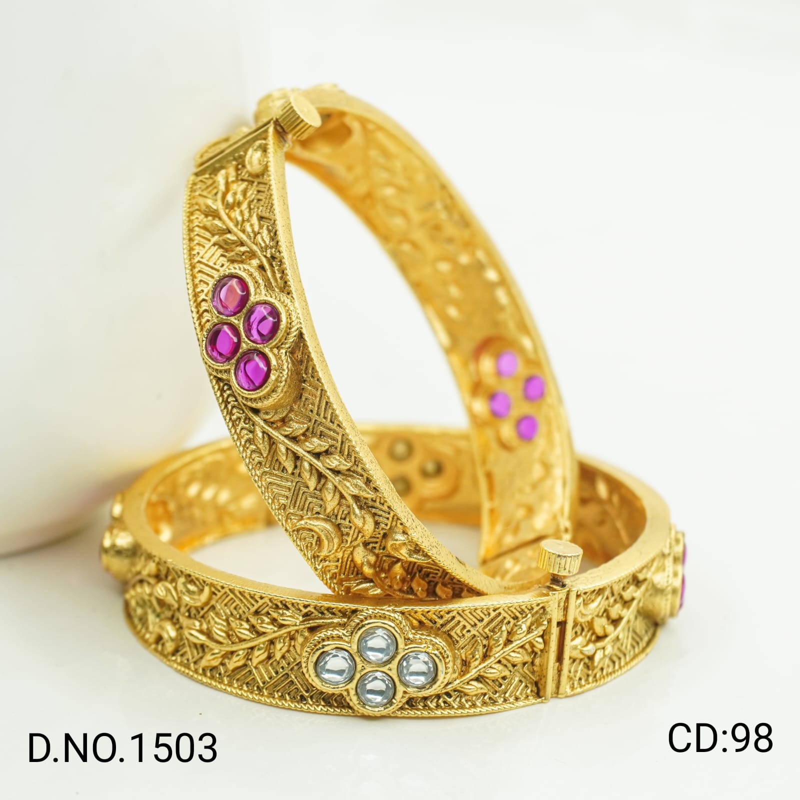 Gold Plated Lakshmi Temple Bangles Pair for Women - Traditional Bridal Kangan with Ruby Emerald Stones