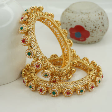 Gold Plated Designer Filigree Kangan Bangles Pair with Pearl Ruby Emerald Stones for Women Wedding Party Wear