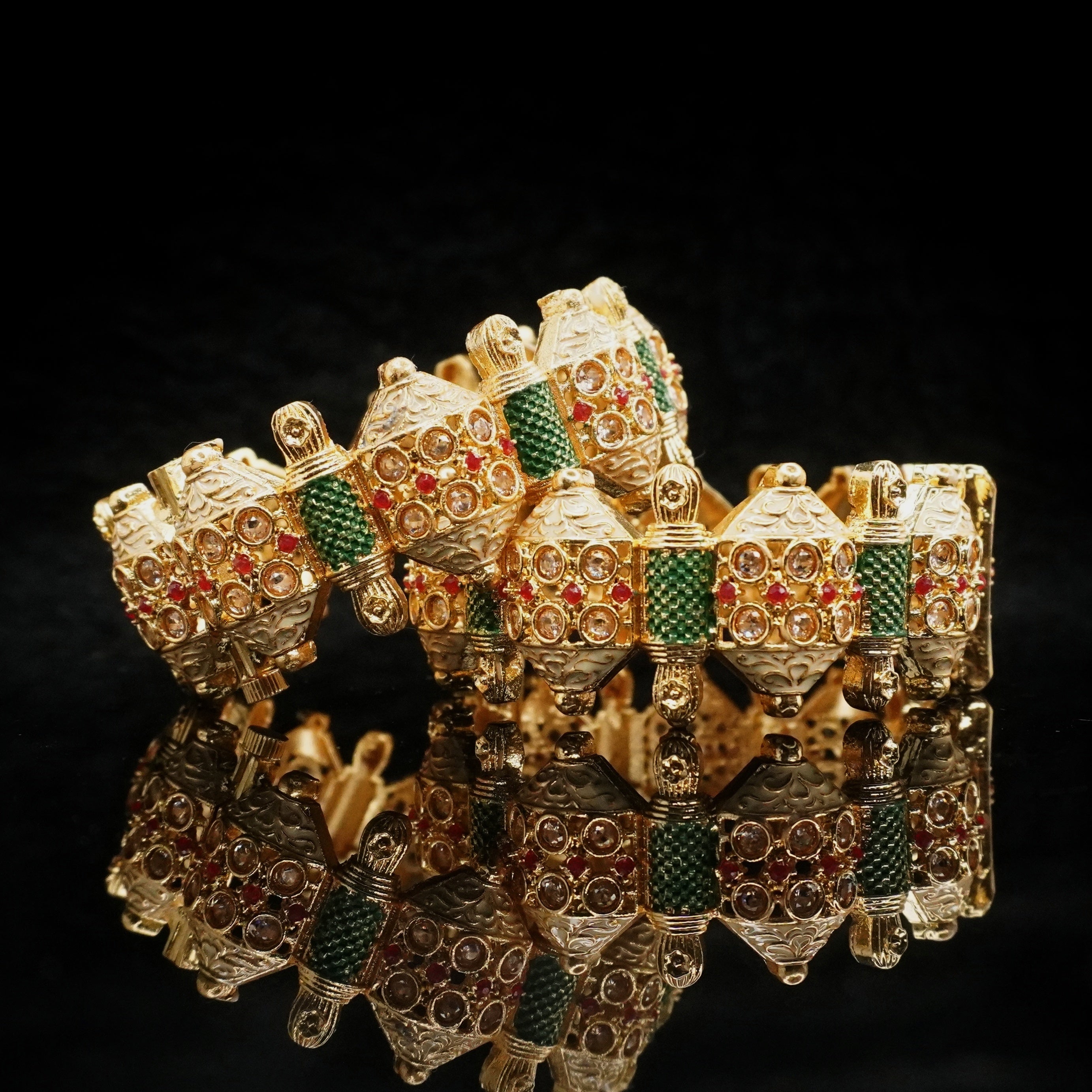 Traditional Indian Gold Tone Kundan Meenakari Bangles Pair – Green & White Ethnic Wedding Jewelry