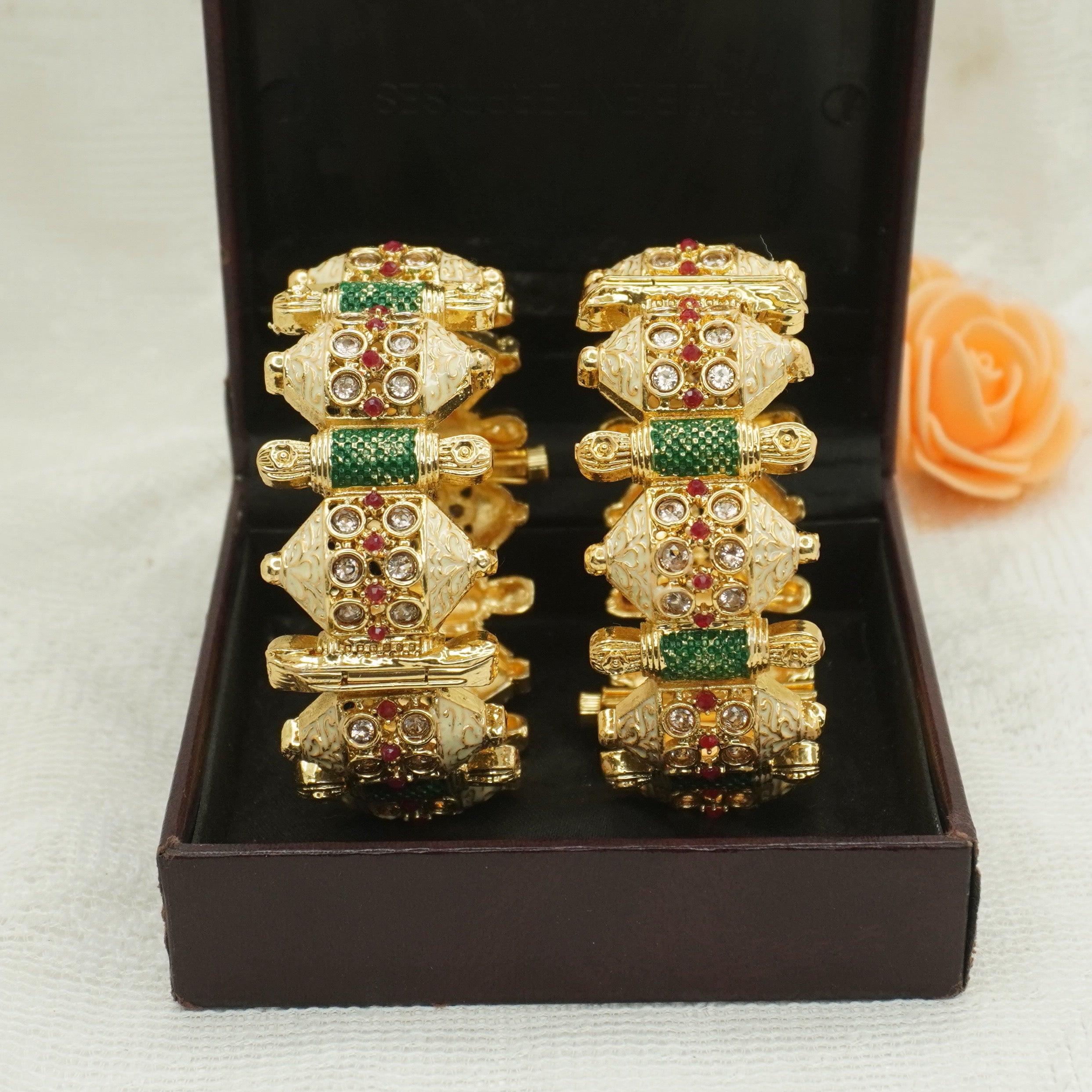 Traditional Indian Gold Tone Kundan Meenakari Bangles Pair – Green & White Ethnic Wedding Jewelry
