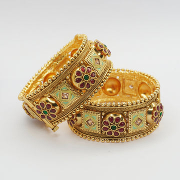 Handcrafted Indian Gold Plated Meenakari Floral Hinged Bangles Pair Ethnic Bridal Jewelry Gift for Women