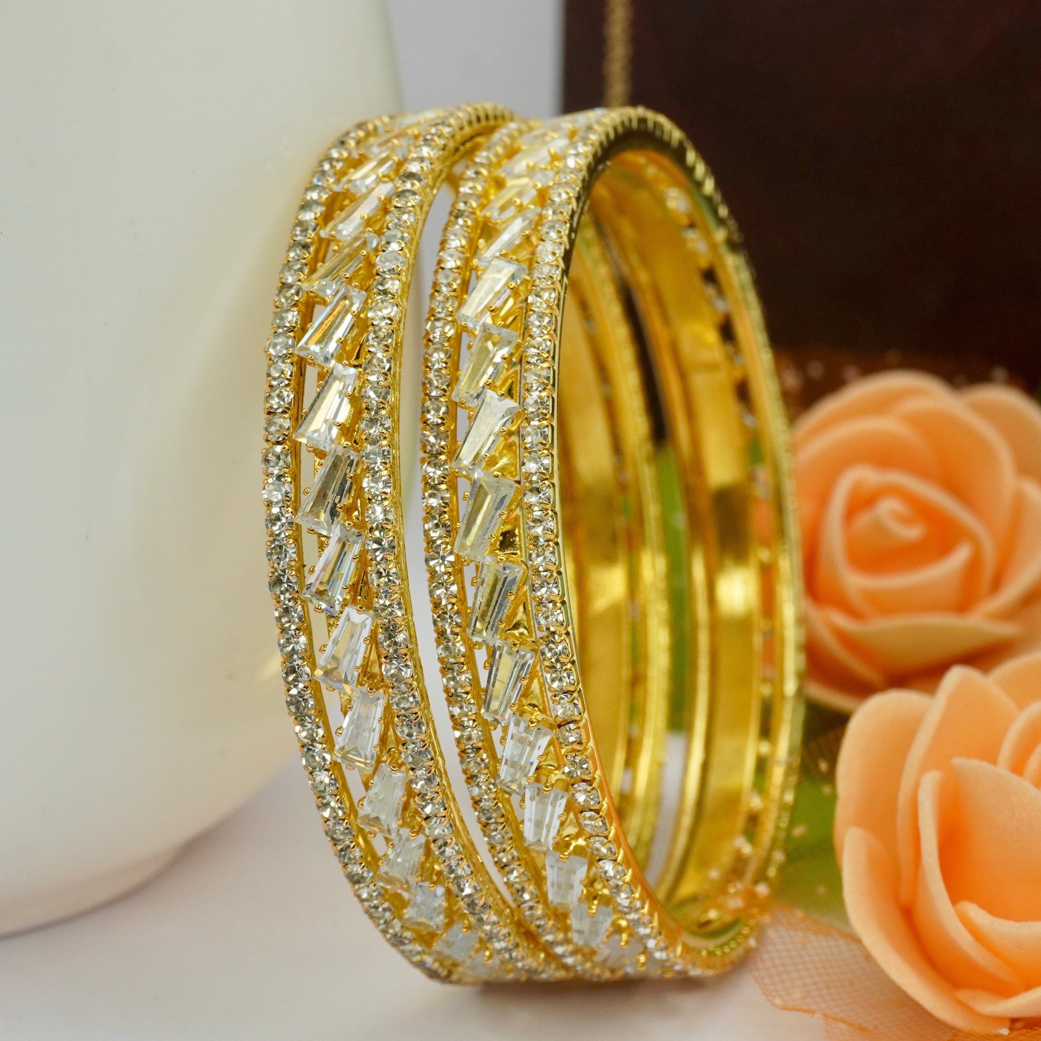 Premium Gold Plated AD Stone Bangles Pair for Women Wedding Bridal Party Wear Traditional Jewellery