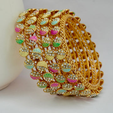 Latest Gold Plated Meenakari American Diamond Bangles Pair for Women Ethnic Bridal Wedding Party Wear