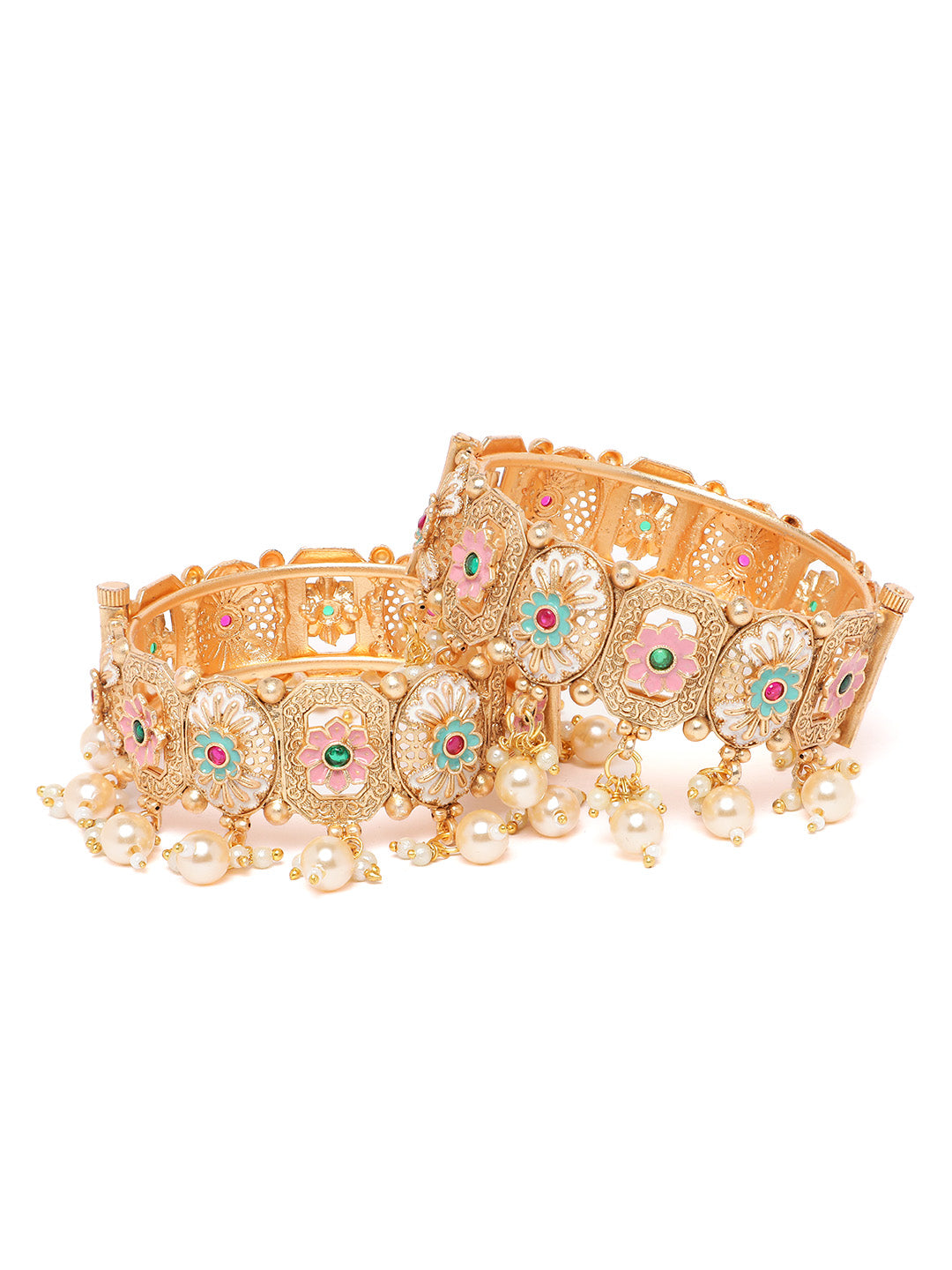 Designer Gold Plated Meenakari Floral Pearl Kangan Pair for Women Traditional Bridal Wedding Bangles