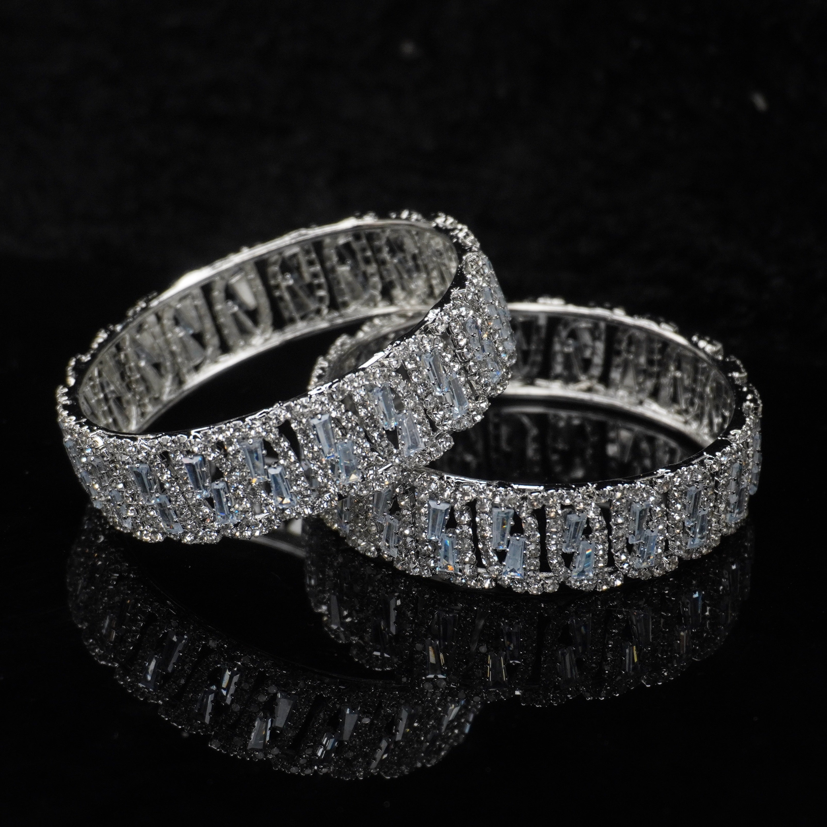 Designer Silver AD Bangle Pair for Women | Premium Baguette CZ Stone Kangan | Bridal Wedding Party Wear Bangles