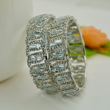 Designer Silver AD Bangle Pair for Women | Premium Baguette CZ Stone Kangan | Bridal Wedding Party Wear Bangles