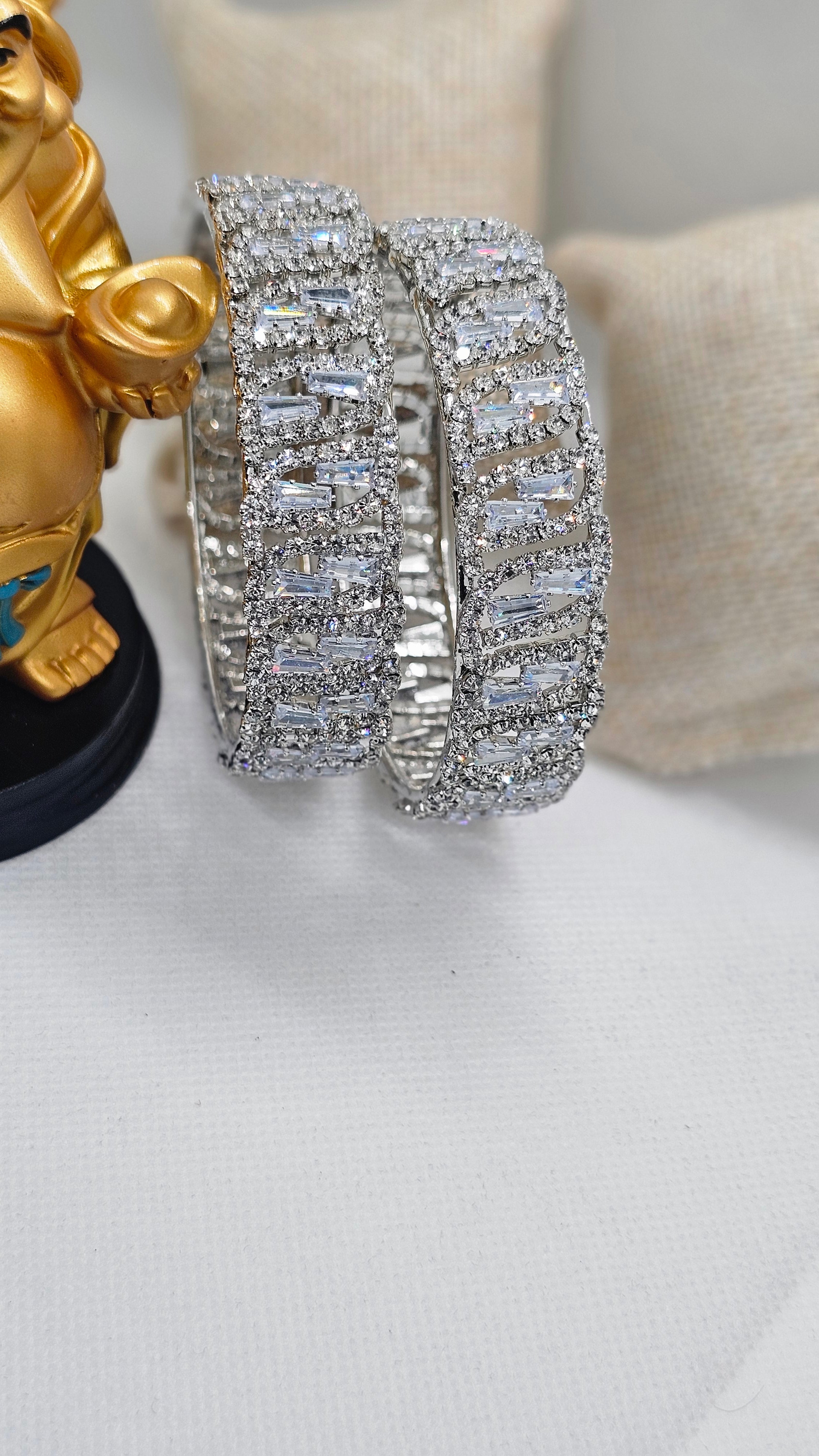 Designer Silver AD Bangle Pair for Women | Premium Baguette CZ Stone Kangan | Bridal Wedding Party Wear Bangles