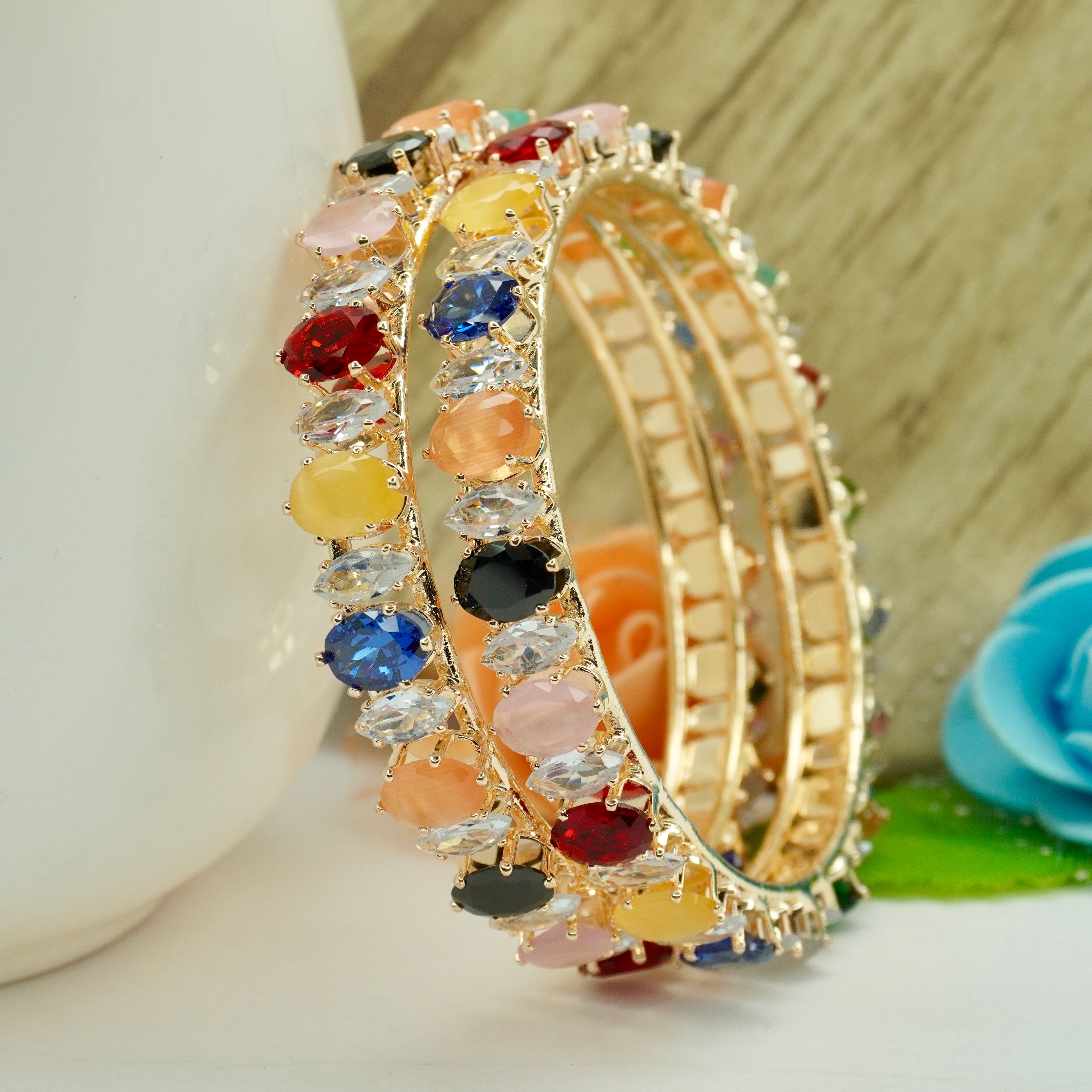 Designer Gold Plated Multicolor CZ AD Bangles Pair for Women Bridal Wedding Party Wear