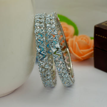 Designer Silver Rhodium Plated Triangle Cut CZ Diamond Broad Kada Bangle for Women Luxury Bridal Wedding Party Wear