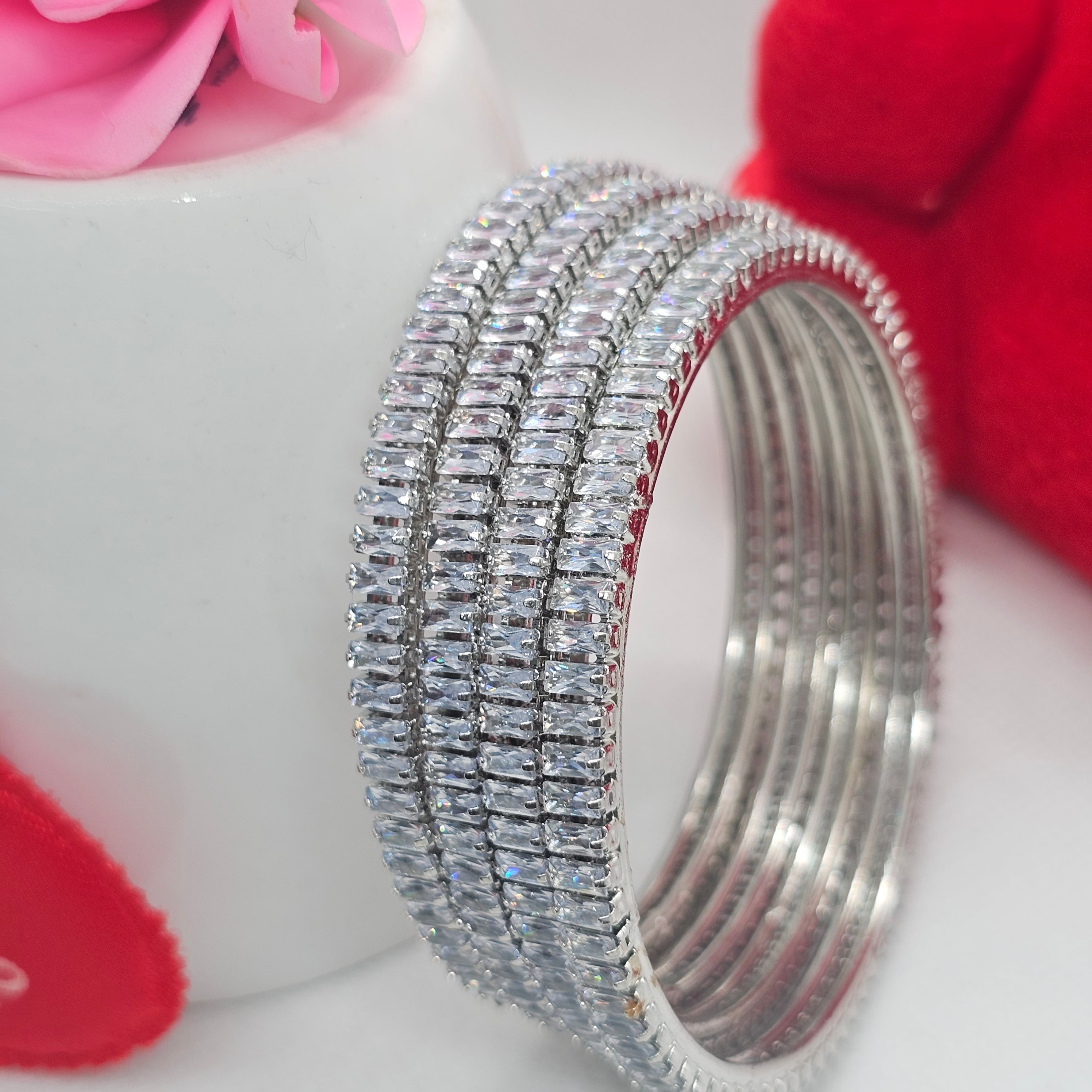 Premium Rhodium Plated CZ Baguette Tennis Bangles Set | Silver Bridal Jewelry for Women