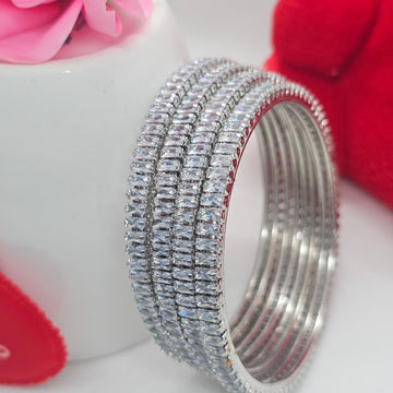 Premium Rhodium Plated CZ Baguette Tennis Bangles Set | Silver Bridal Jewelry for Women