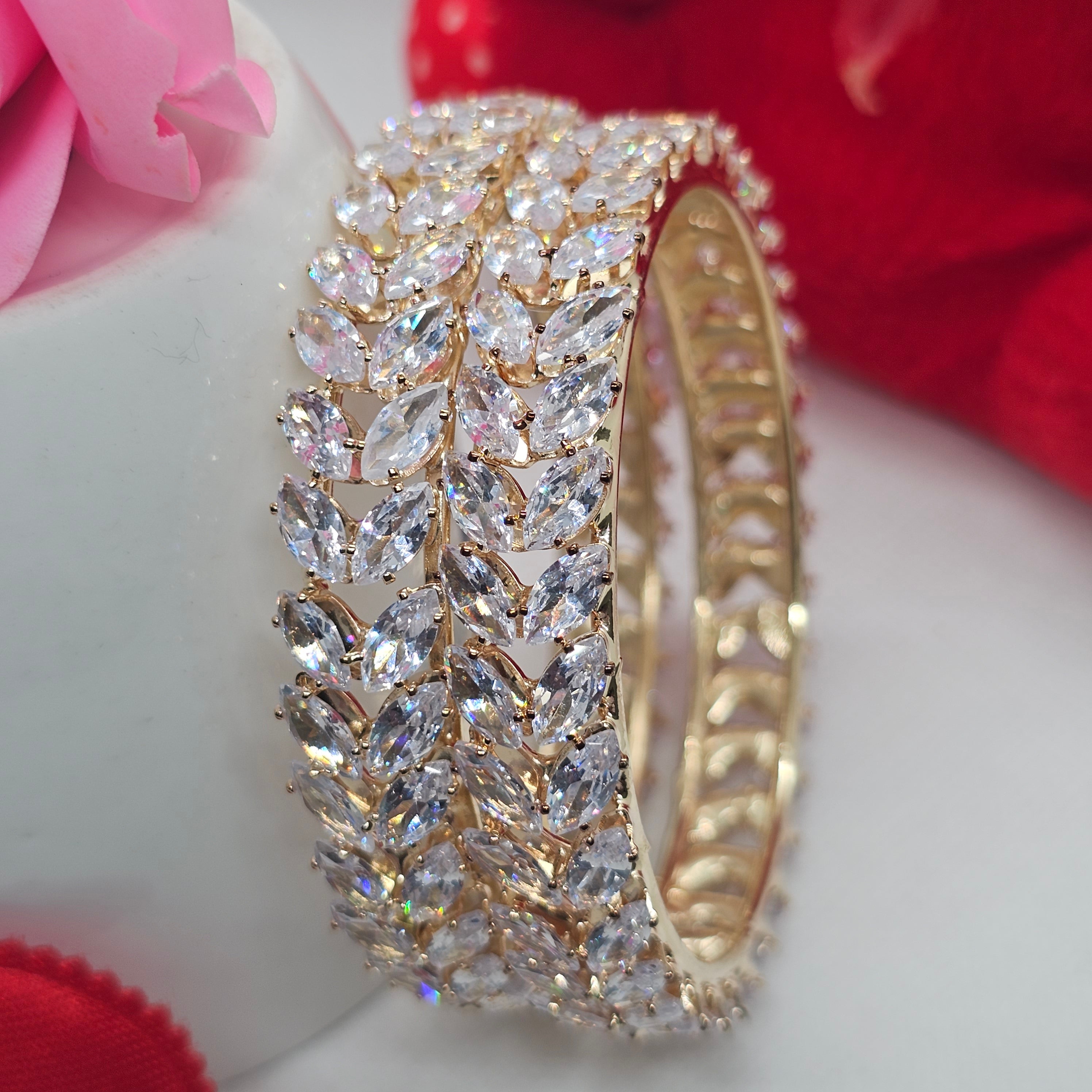 Bridal Gold Plated American Diamond Leaf Kangan Bangles Pair for Wedding Reception Women