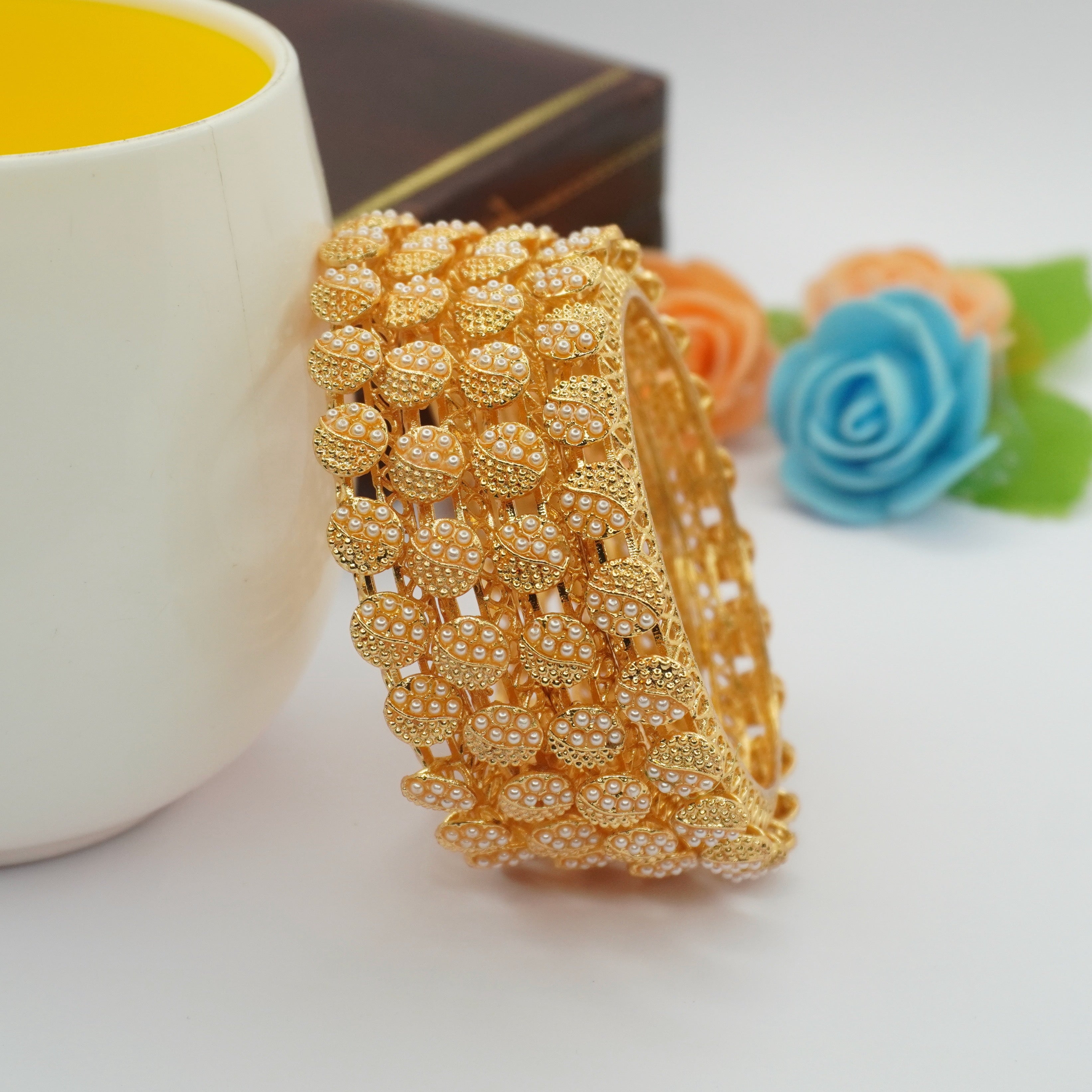 Handcrafted Indian Gold Plated Pearl Filigree Bridal Kada Bracelet for Women