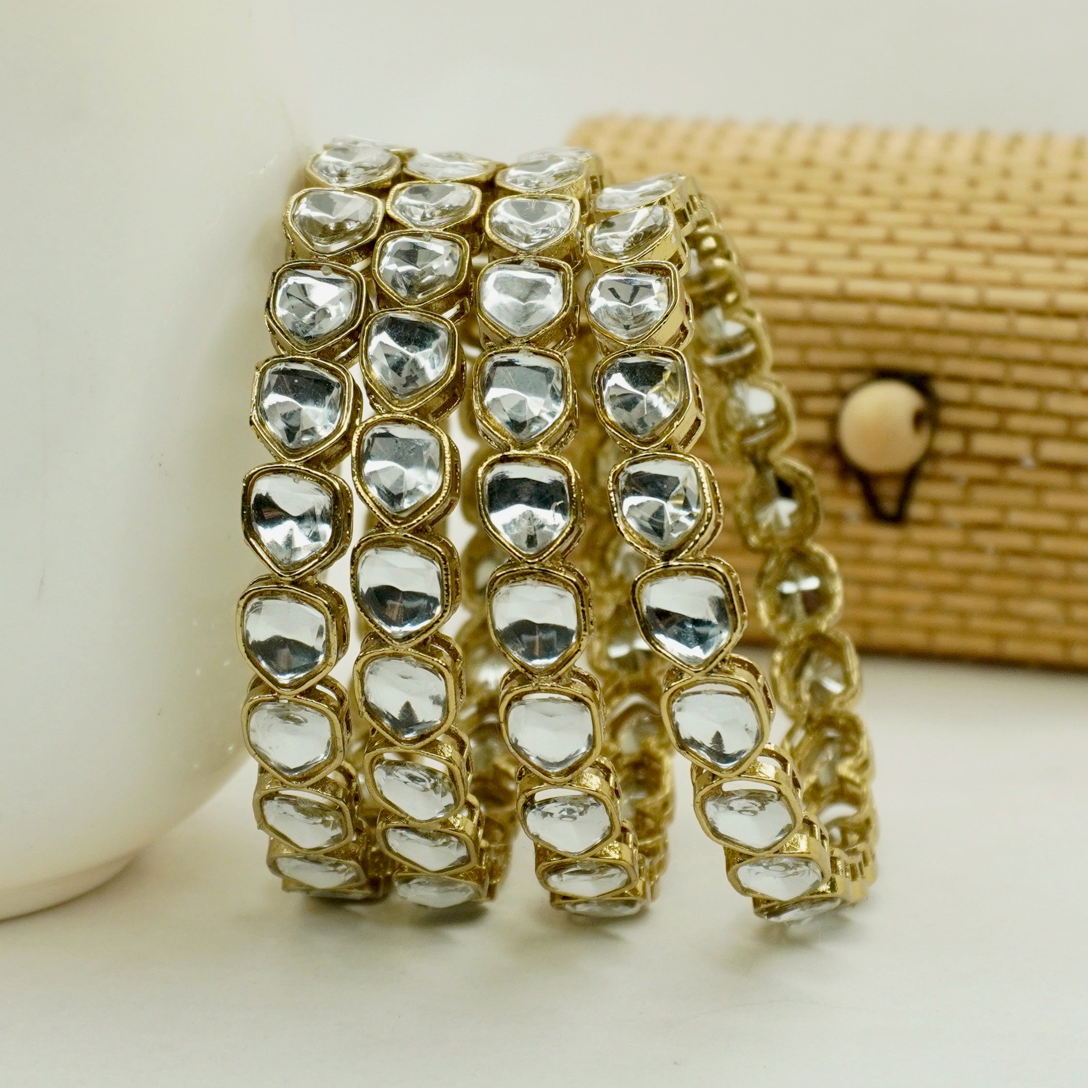 Handcrafted Gold Tone Kundan Glass Stone Bangle Set for Women Indian Wedding Jewelry