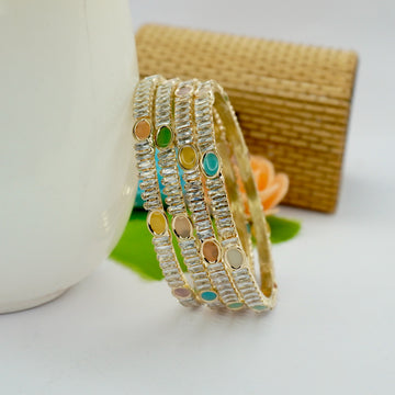 Handcrafted Gold Plated CZ Crystal Stackable Bangles Set with Multi Color Oval Stones for Women
