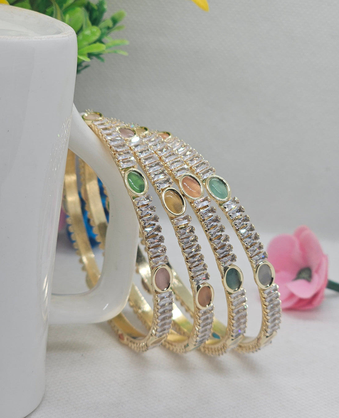 Handcrafted Gold Plated CZ Crystal Stackable Bangles Set with Multi Color Oval Stones for Women