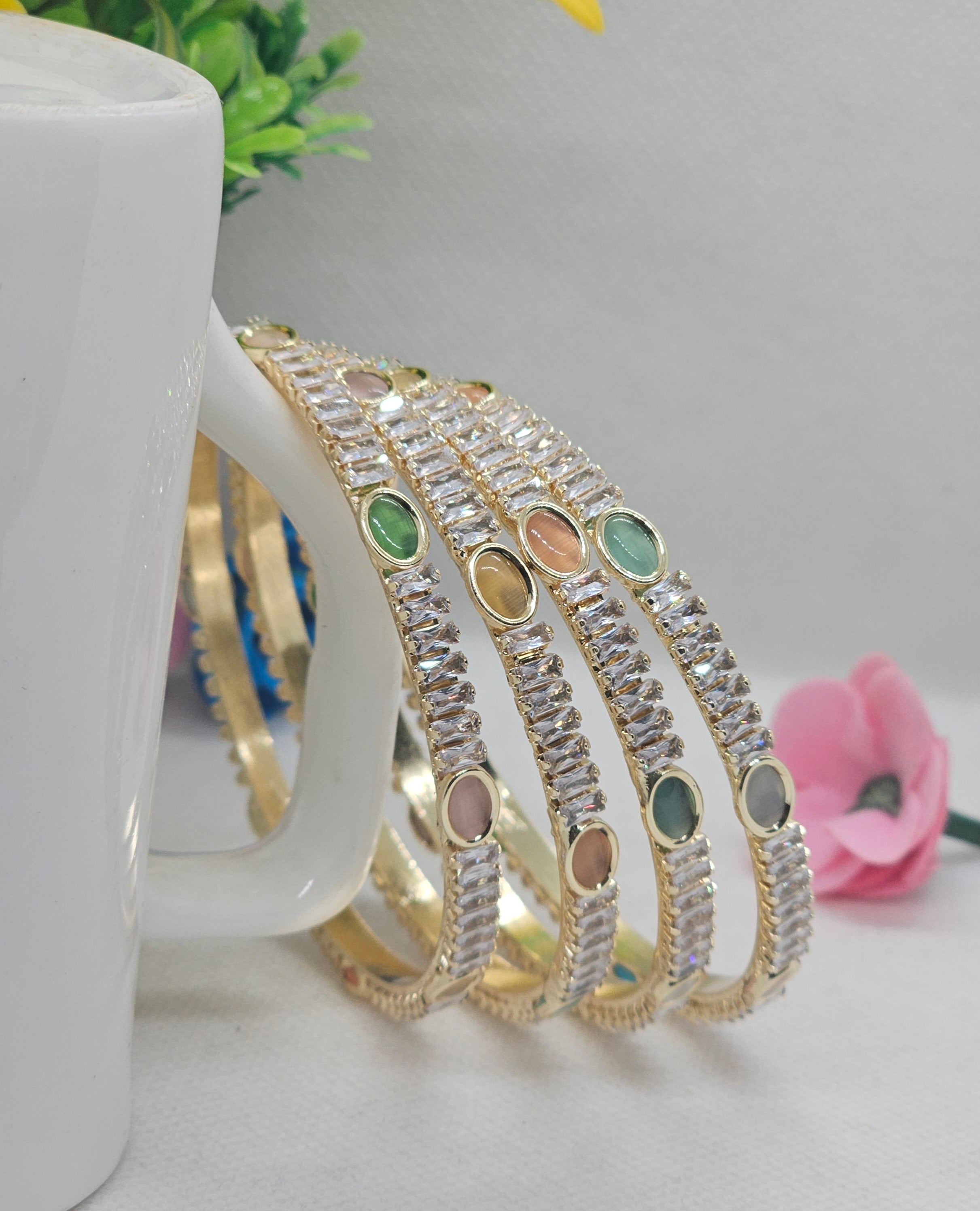 Handcrafted Gold Plated CZ Crystal Stackable Bangles Set with Multi Color Oval Stones for Women