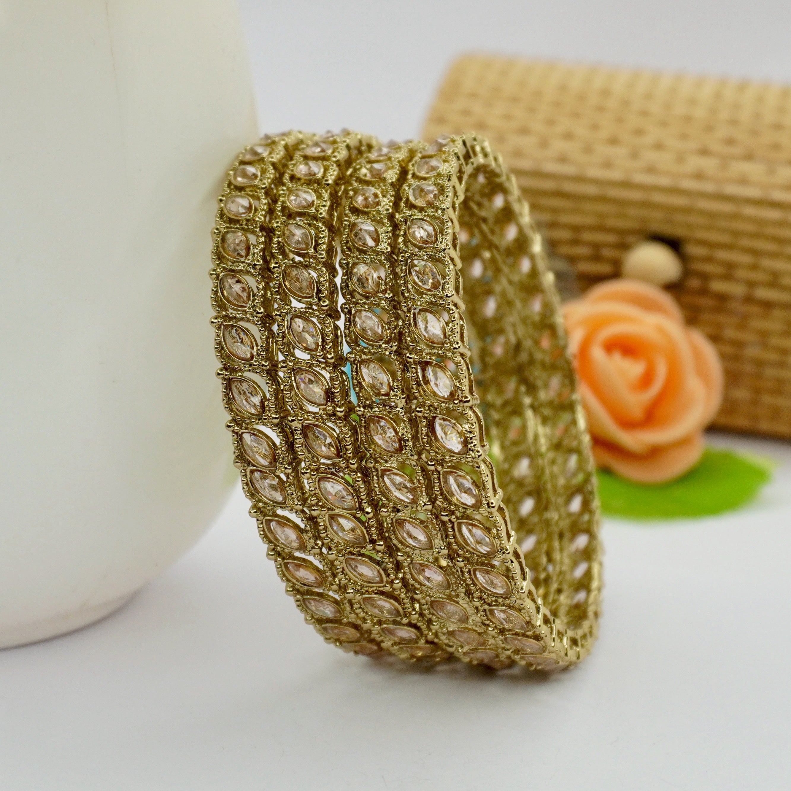 Indian Gold Plated CZ Marquise Bangle Set | Bridal Wedding Ethnic Jewelry for Women