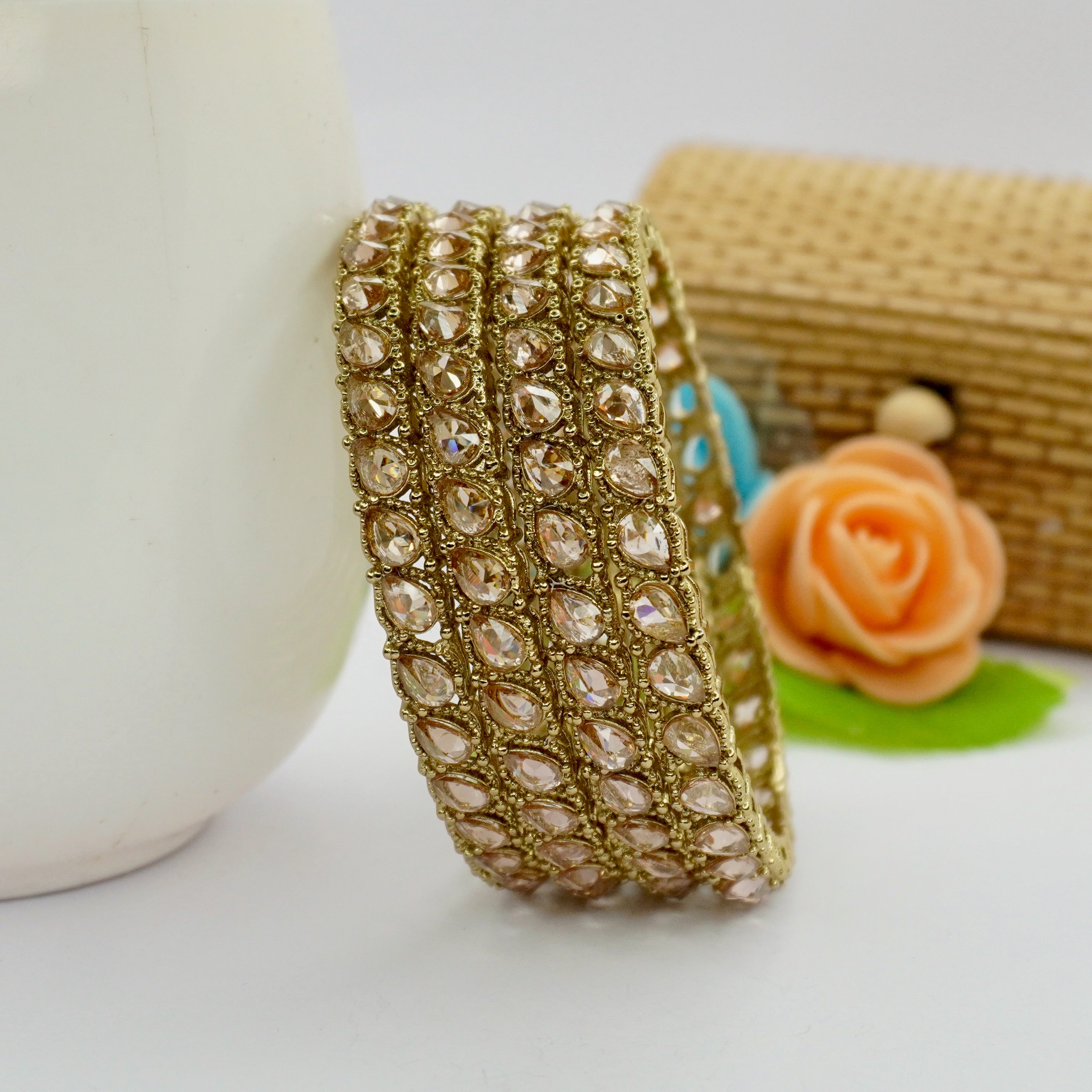 Antique Gold Tone American Diamond Bangles Set of 4 for Women – Traditional Wedding Party Wear Jewelry