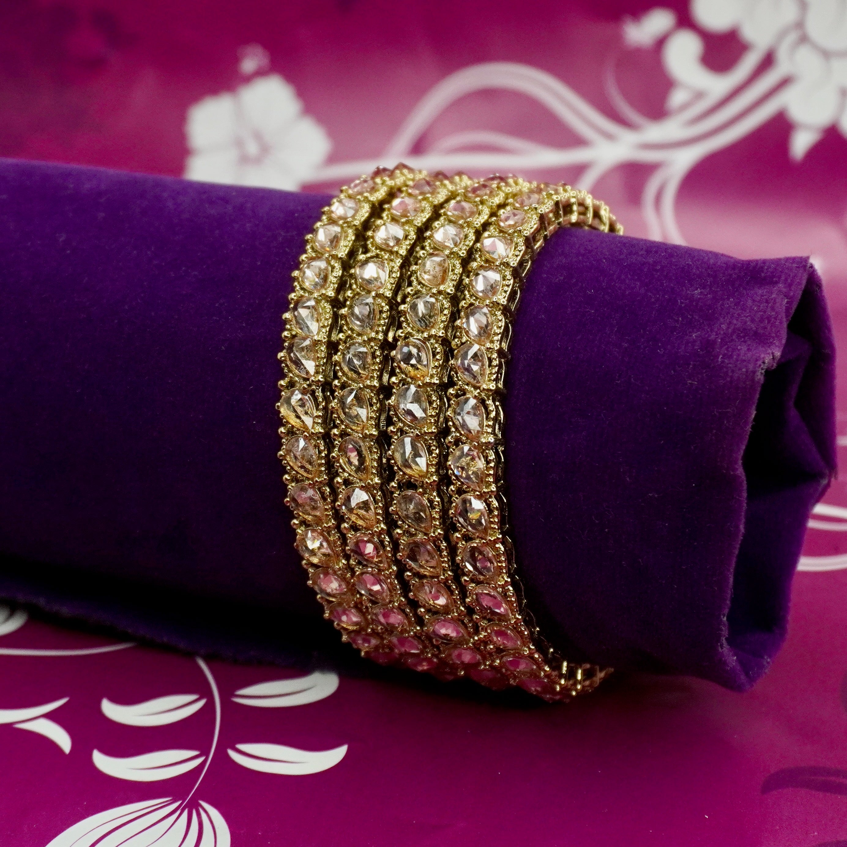 Antique Gold Tone American Diamond Bangles Set of 4 for Women – Traditional Wedding Party Wear Jewelry