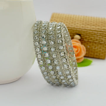 Designer Rhodium Plated American Diamond Bangles Set of 4 for Women Bridal Wedding Party Wear CZ Stone Luxury Kada Chudi