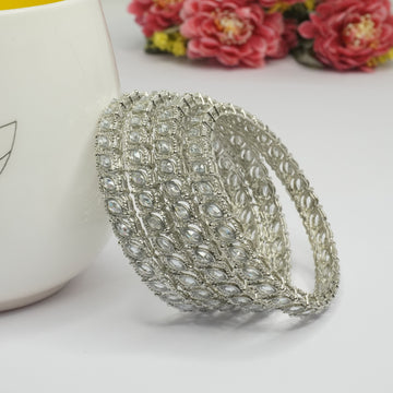 Traditional Silver Tone AD Bangles Set for Women – Bridal Wedding Party Wear Indian Kangan Churi