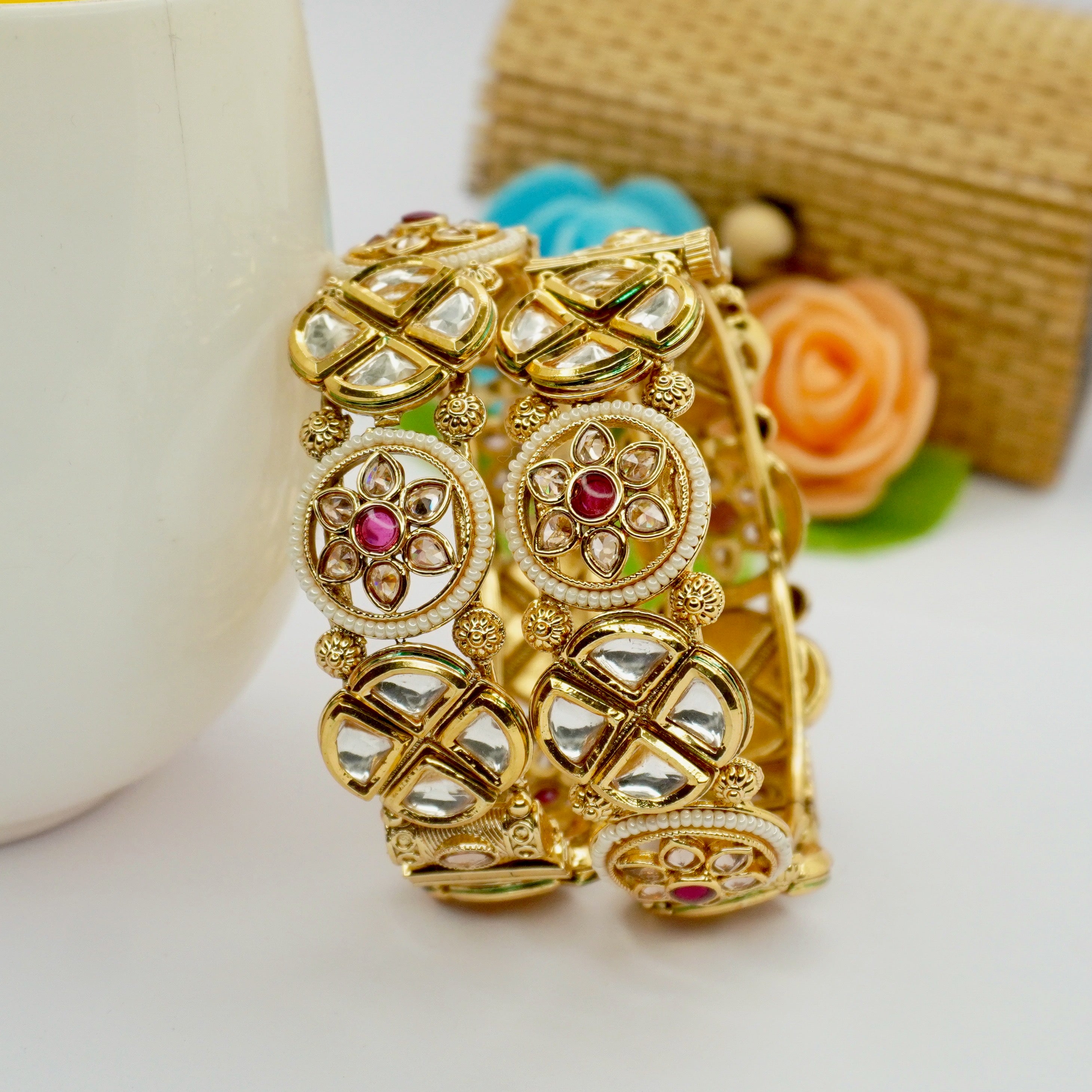 Handcrafted Indian Gold Plated Kundan Bridal Hinged Bangles Pair with Ruby Floral Motif Traditional Ethnic Jewelry