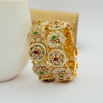 Luxury Designer Gold Kundan Meenakari Bangles Pair Elegant Floral Wedding Jewellery for Women