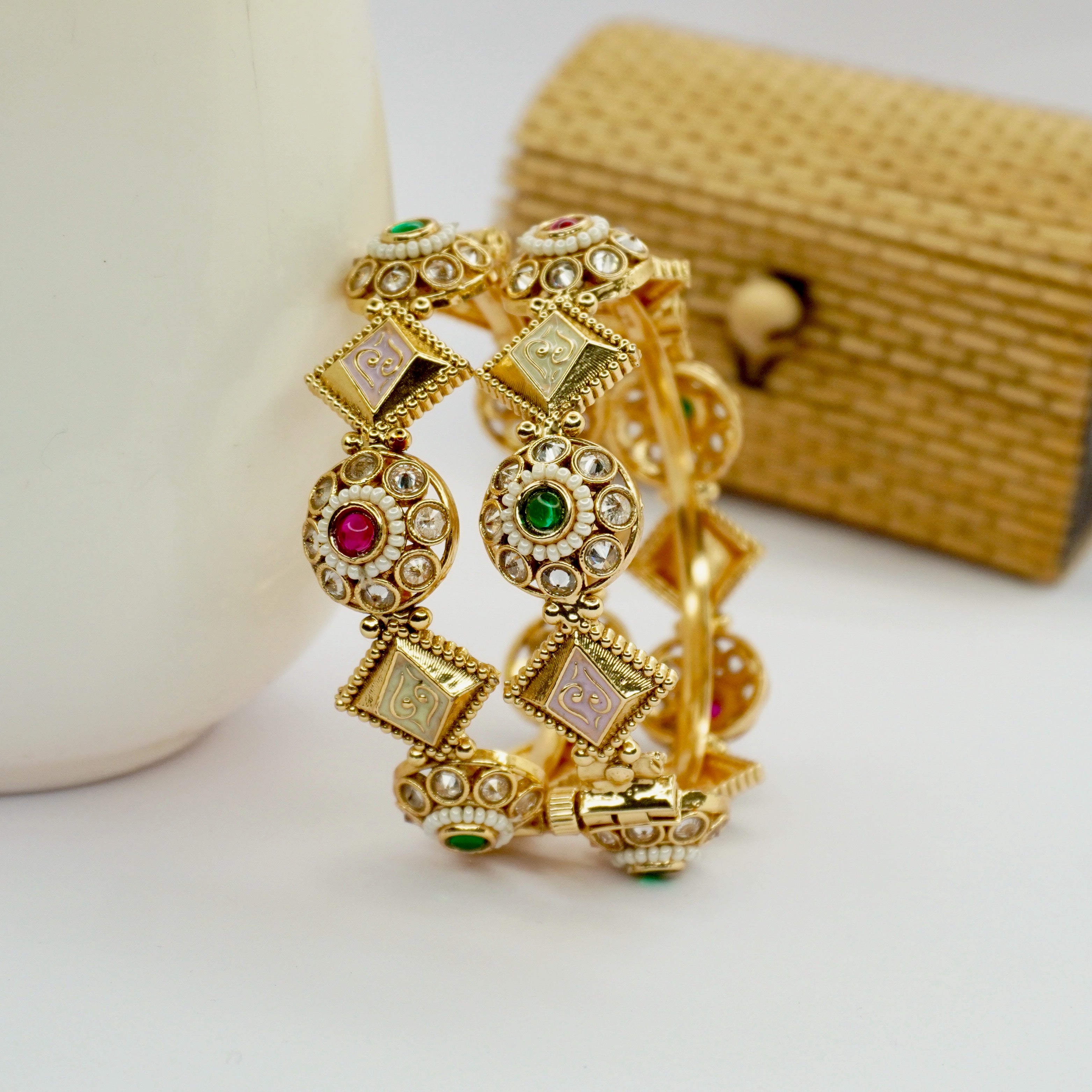 Latest Gold Plated Traditional Kundan Pearl Bangles Pair for Women Bridal Ethnic Designer Kangan