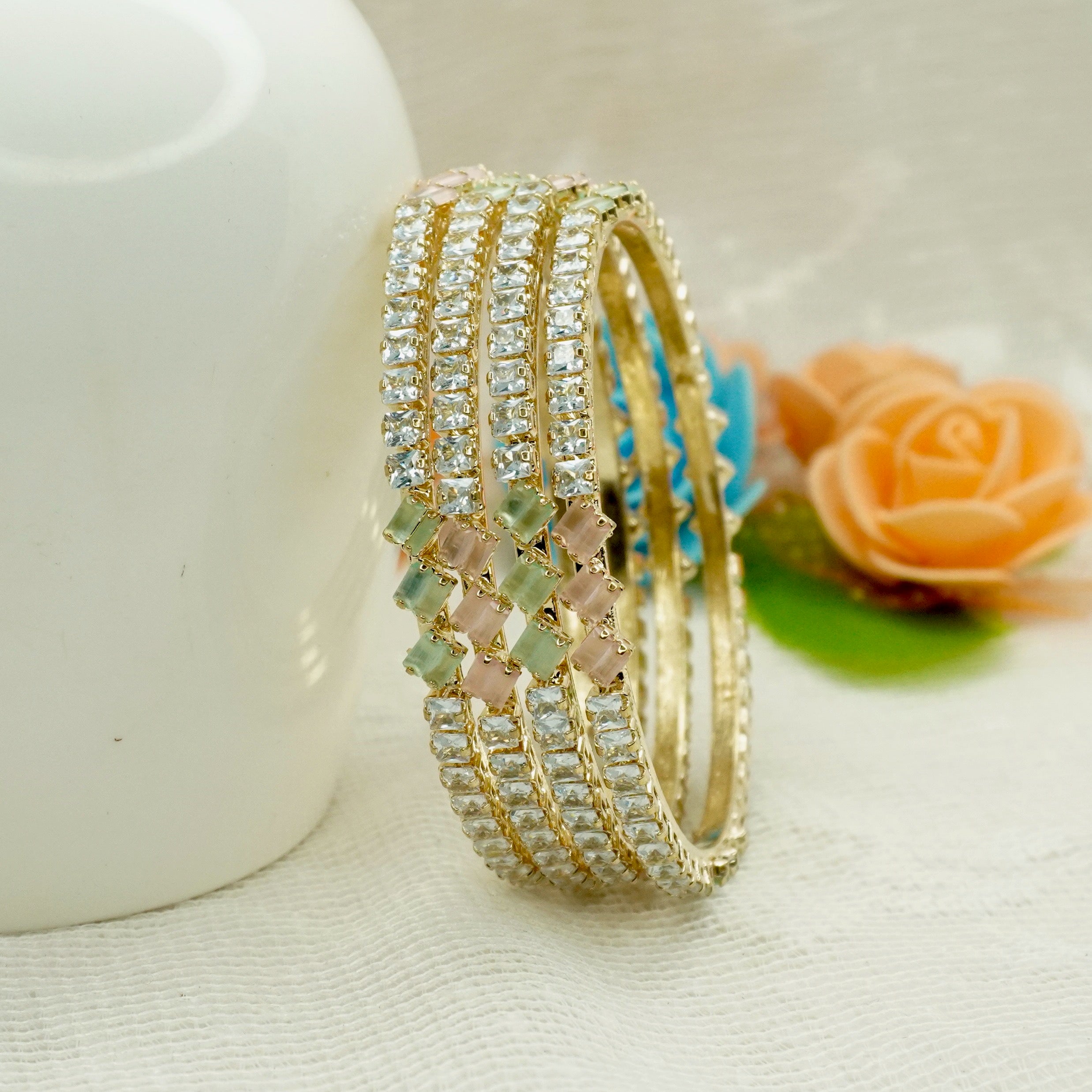 Premium Bridal Gold Plated American Diamond Baguette Kangan Bangles Pair for Wedding