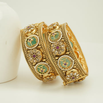 Traditional Bridal Gold Plated Green Meenakari Kundan Openable Kangan Bangles Pair for Wedding Women