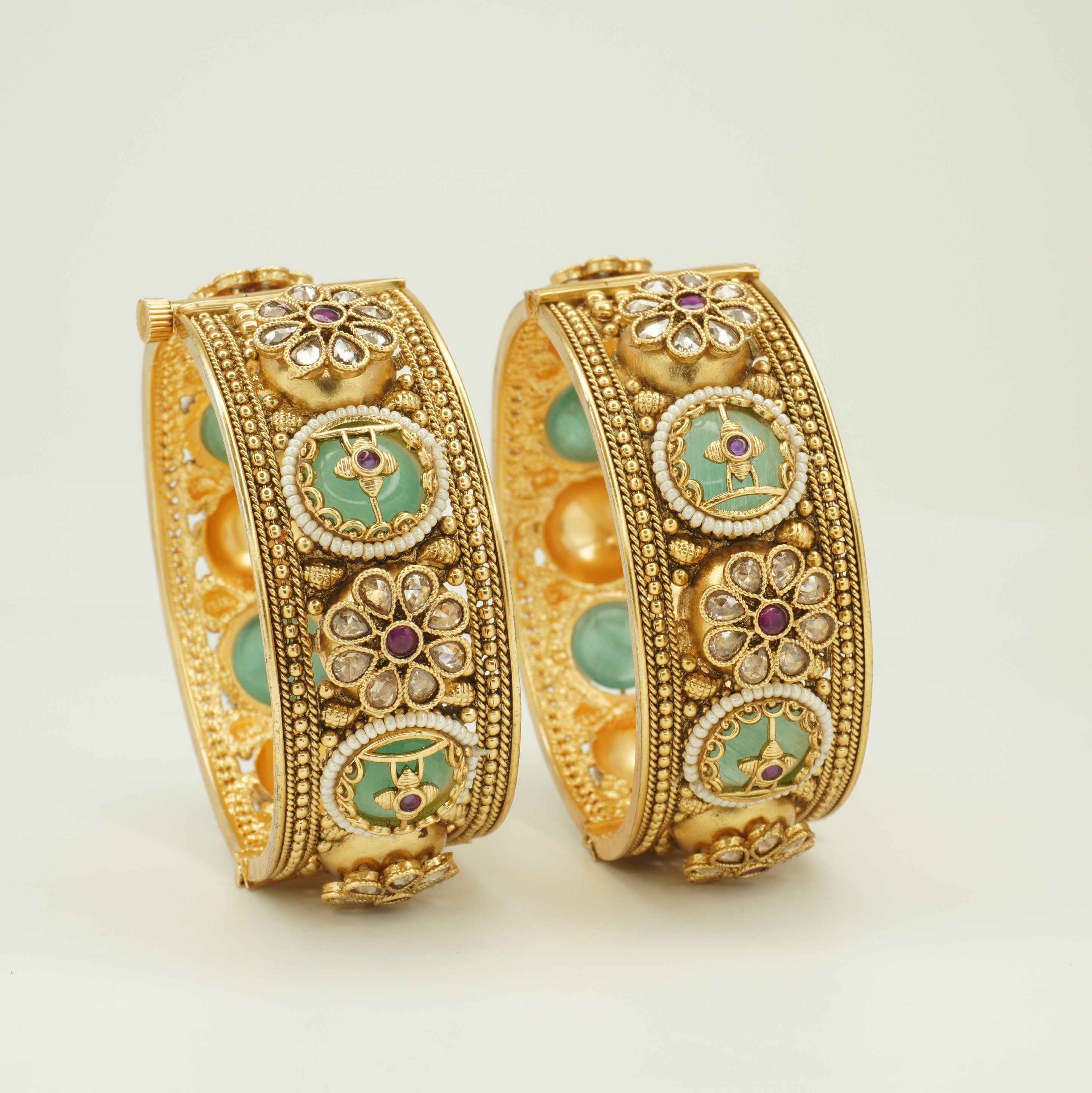 Traditional Bridal Gold Plated Green Meenakari Kundan Openable Kangan Bangles Pair for Wedding Women