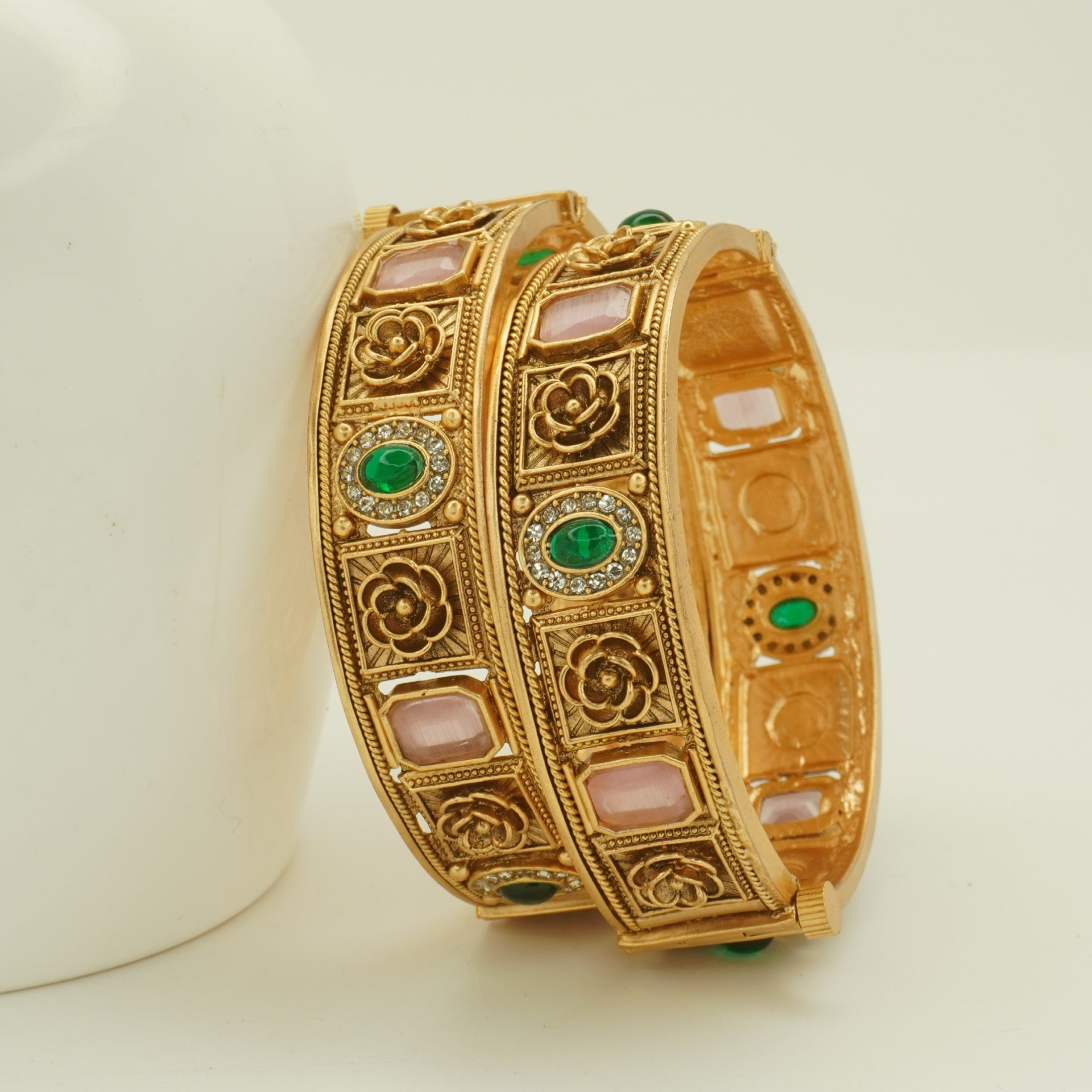 Designer Gold Plated Bridal Bangles Pair for Women – Traditional Floral Stone Wedding Kangan