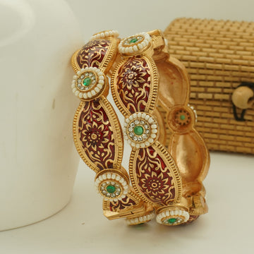Latest Maroon Meenakari Gold Kangan Pair Traditional Party Wear Bangles for Women
