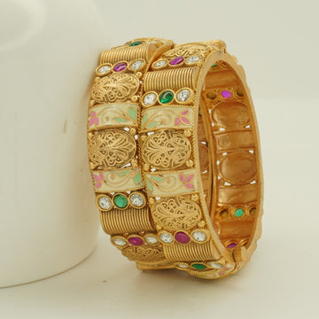 Handcrafted Gold Plated Meenakari CZ Bridal Bangles Pair - Indian Ethnic Wedding Jewelry for Women