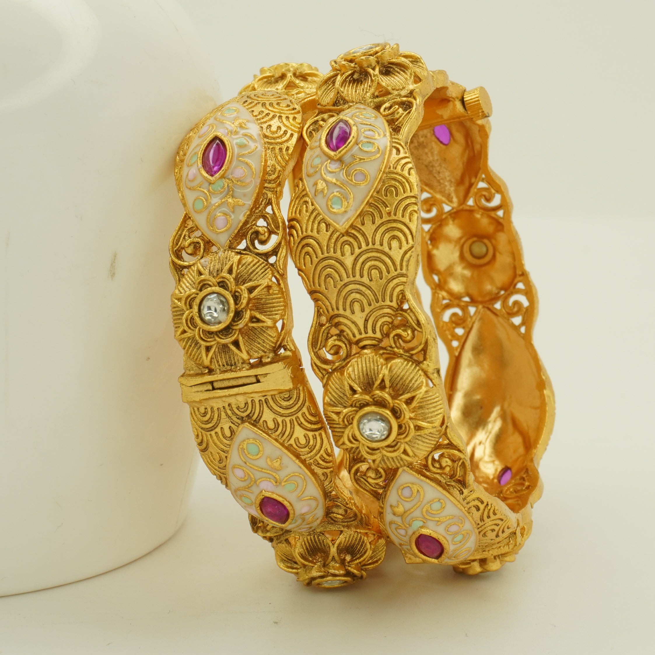 Luxury Designer Gold Meenakari Floral Kangan Pair Pink Stone Statement Bangles for Wedding & Festive Wear