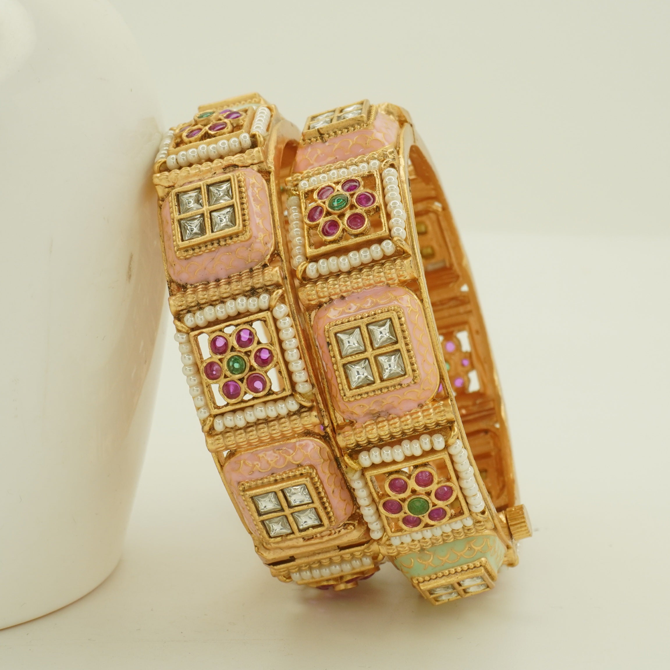 Premium Gold Plated Pink Meenakari Kundan Pearl Kangan Bangles Pair for Women Wedding Ethnic Party Wear