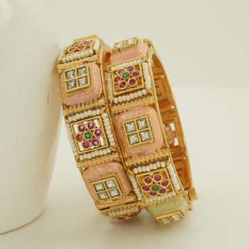Premium Gold Plated Pink Meenakari Kundan Pearl Kangan Bangles Pair for Women Wedding Ethnic Party Wear