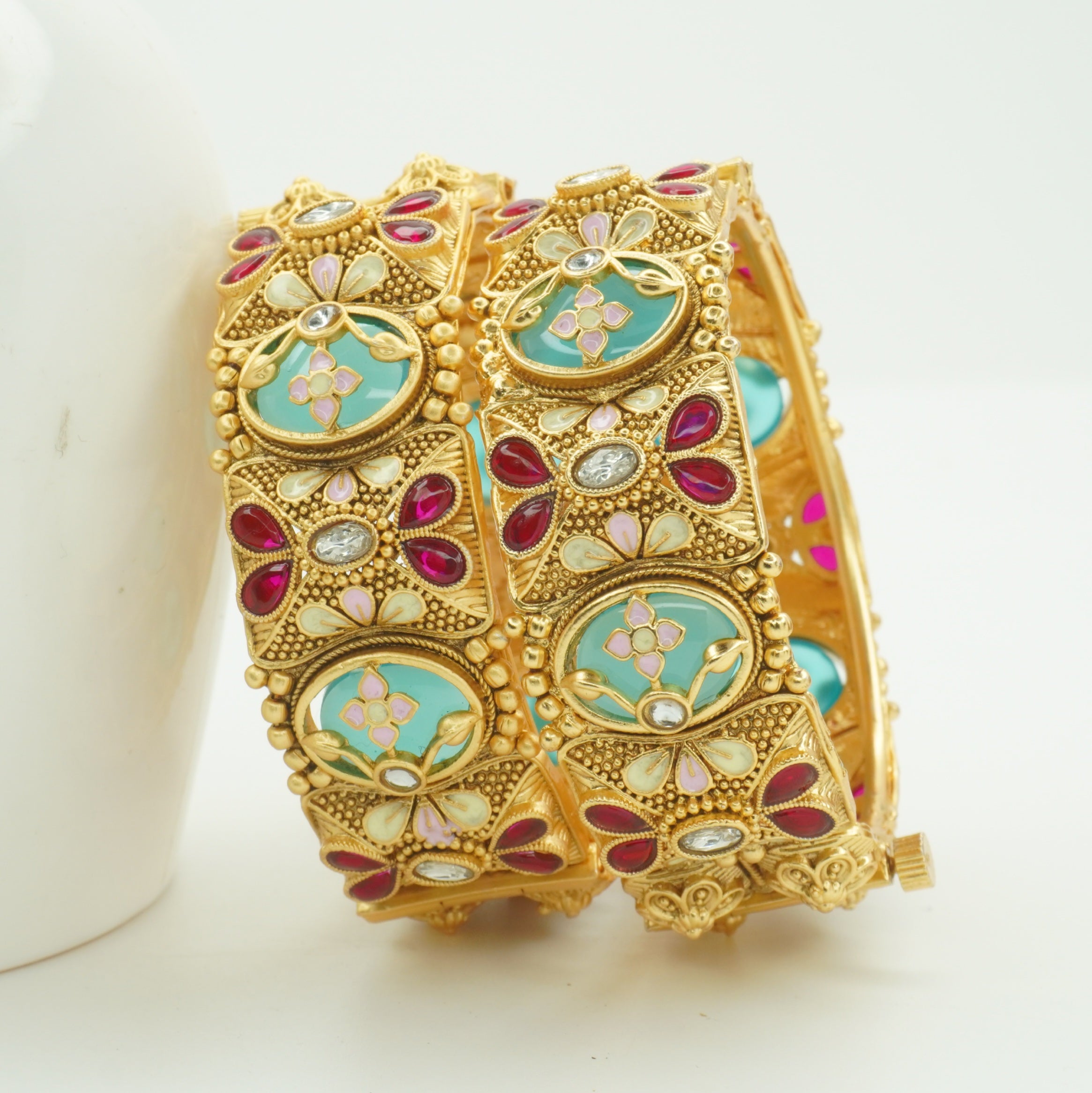 Designer Gold Plated Meenakari Ruby AD Floral Openable Kangan Bangles Pair for Women Bridal Wedding Traditional Ethnic Party Wear