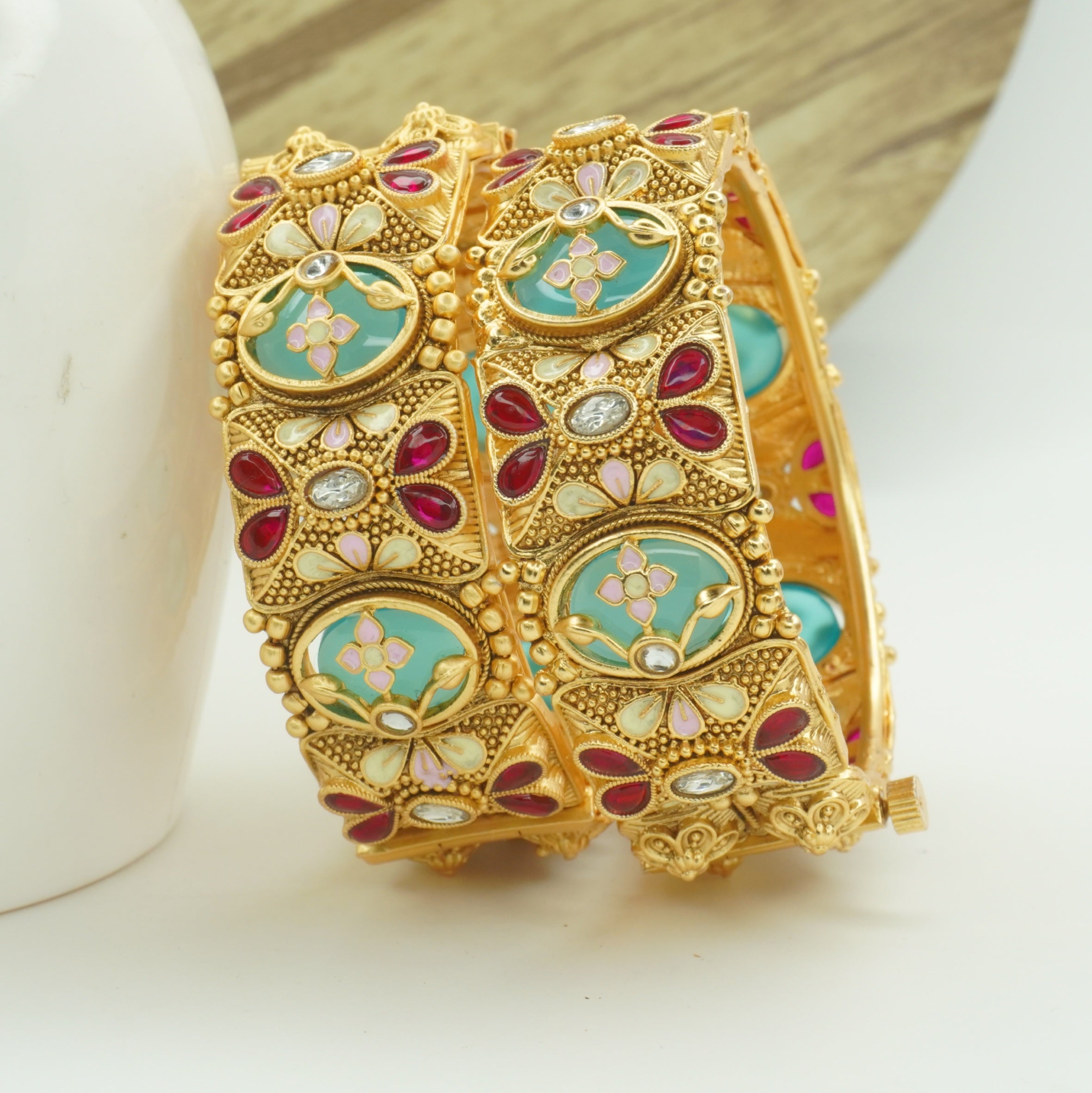 Designer Gold Plated Meenakari Ruby AD Floral Openable Kangan Bangles Pair for Women Bridal Wedding Traditional Ethnic Party Wear