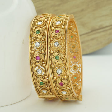 Traditional Gold Tone Kundan Stone Bridal Kangan Bangles Pair for Women - Indian Wedding Jewelry