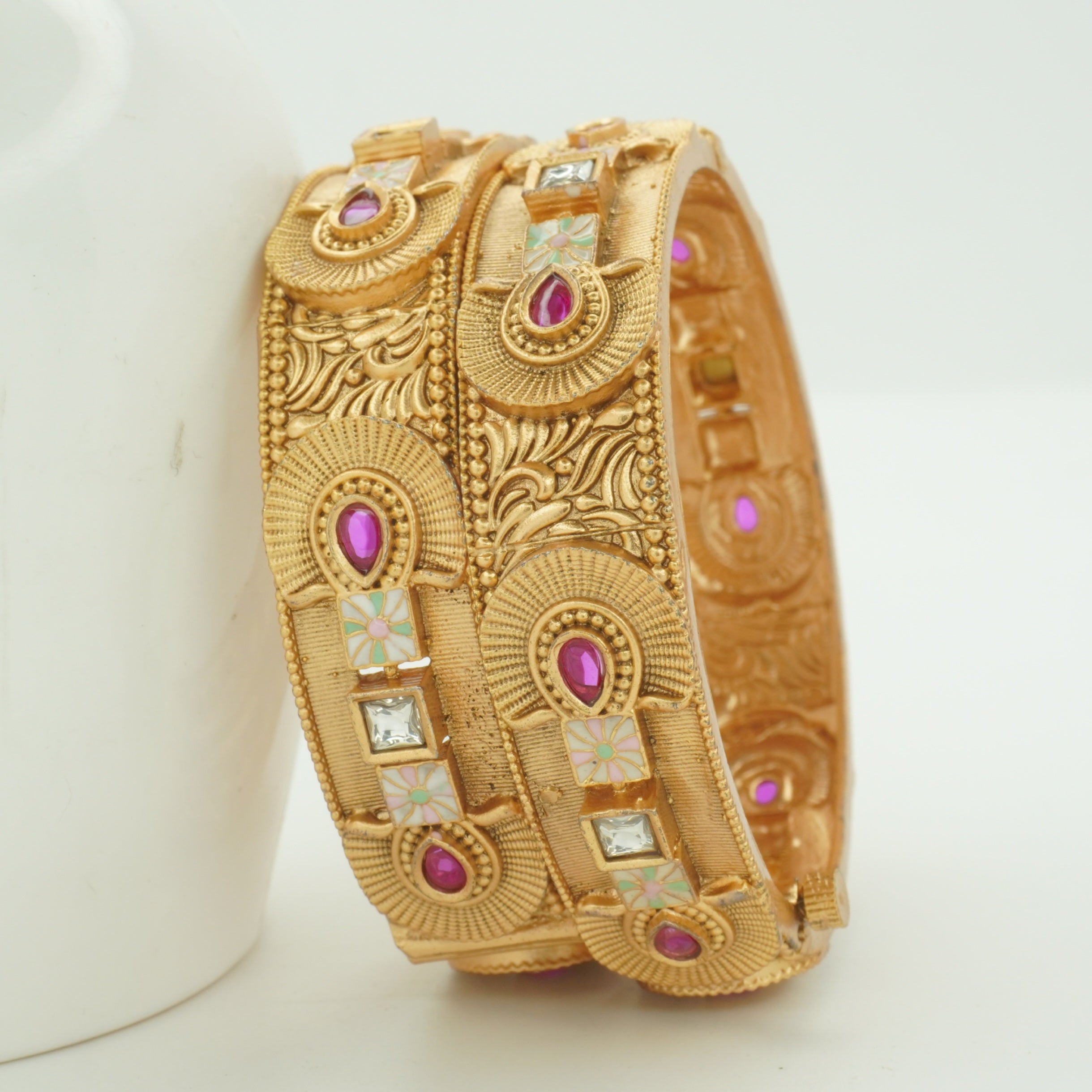 Indian Gold Tone Meenakari Stone Bangles Pair - Traditional Ethnic Wedding Jewelry for Women