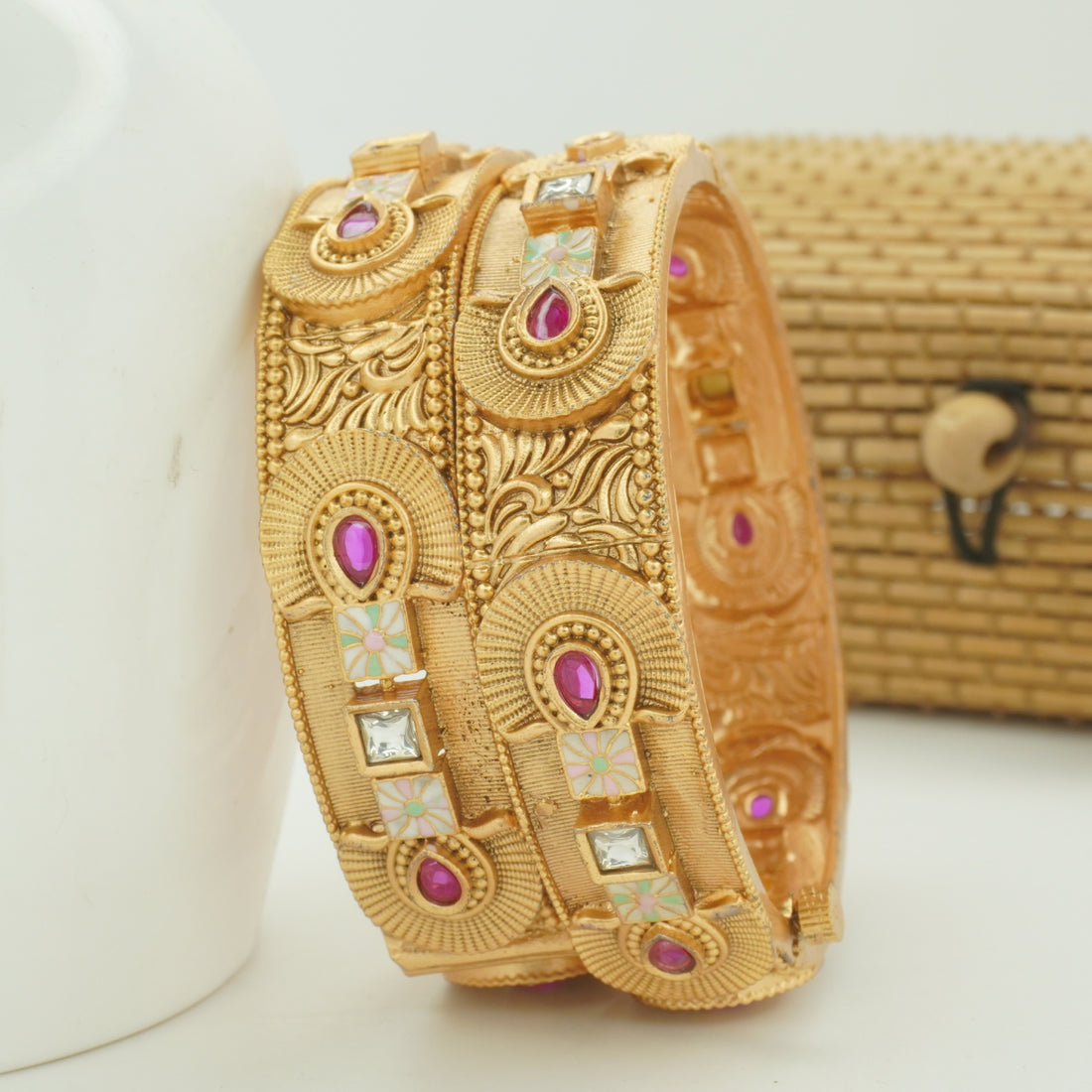 Indian Gold Tone Meenakari Stone Bangles Pair - Traditional Ethnic Wedding Jewelry for Women