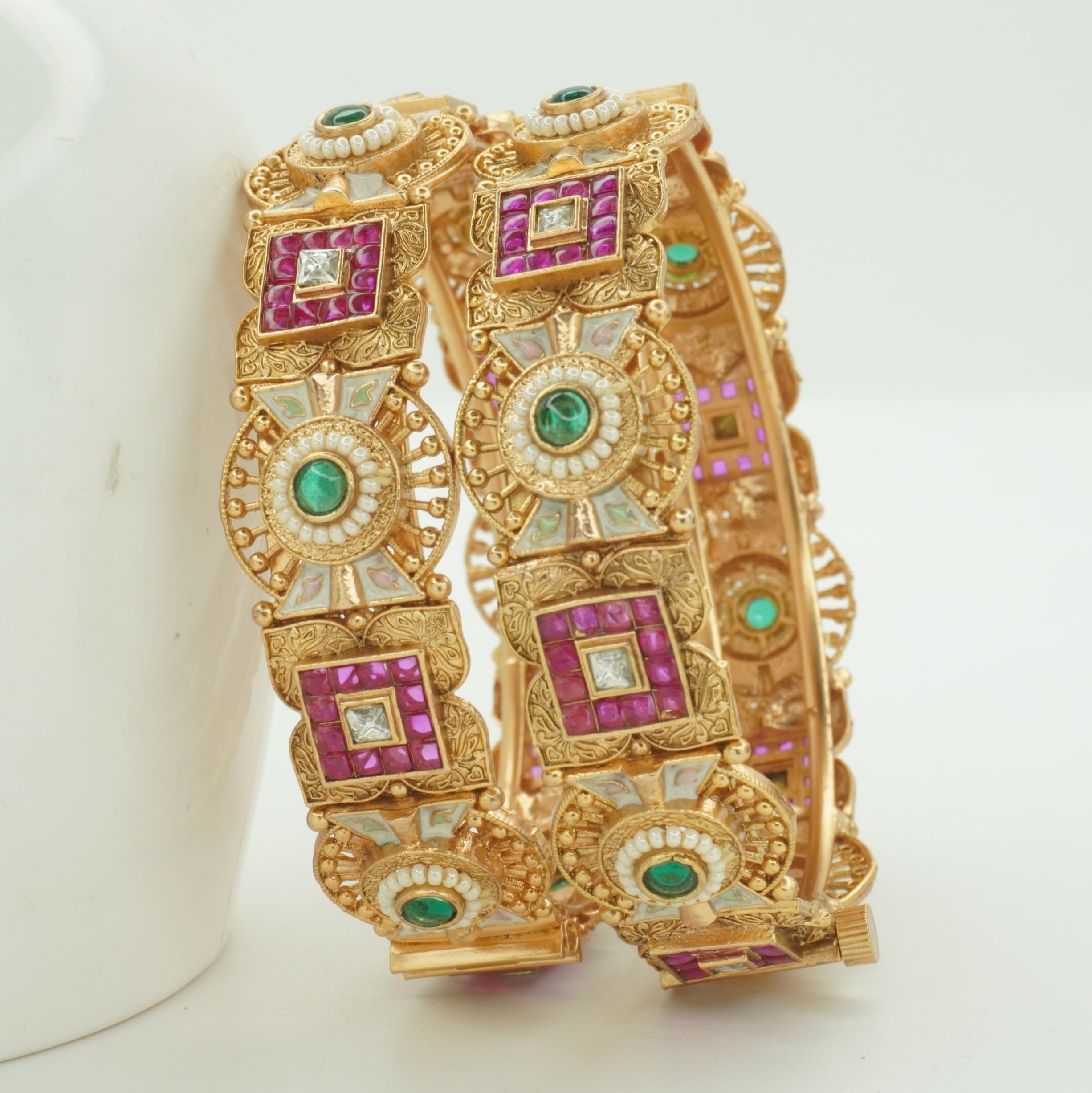 Designer Gold Plated Meenakari AD Pearl Kangan Bangles Pair for Women Bridal Wedding Party Wear