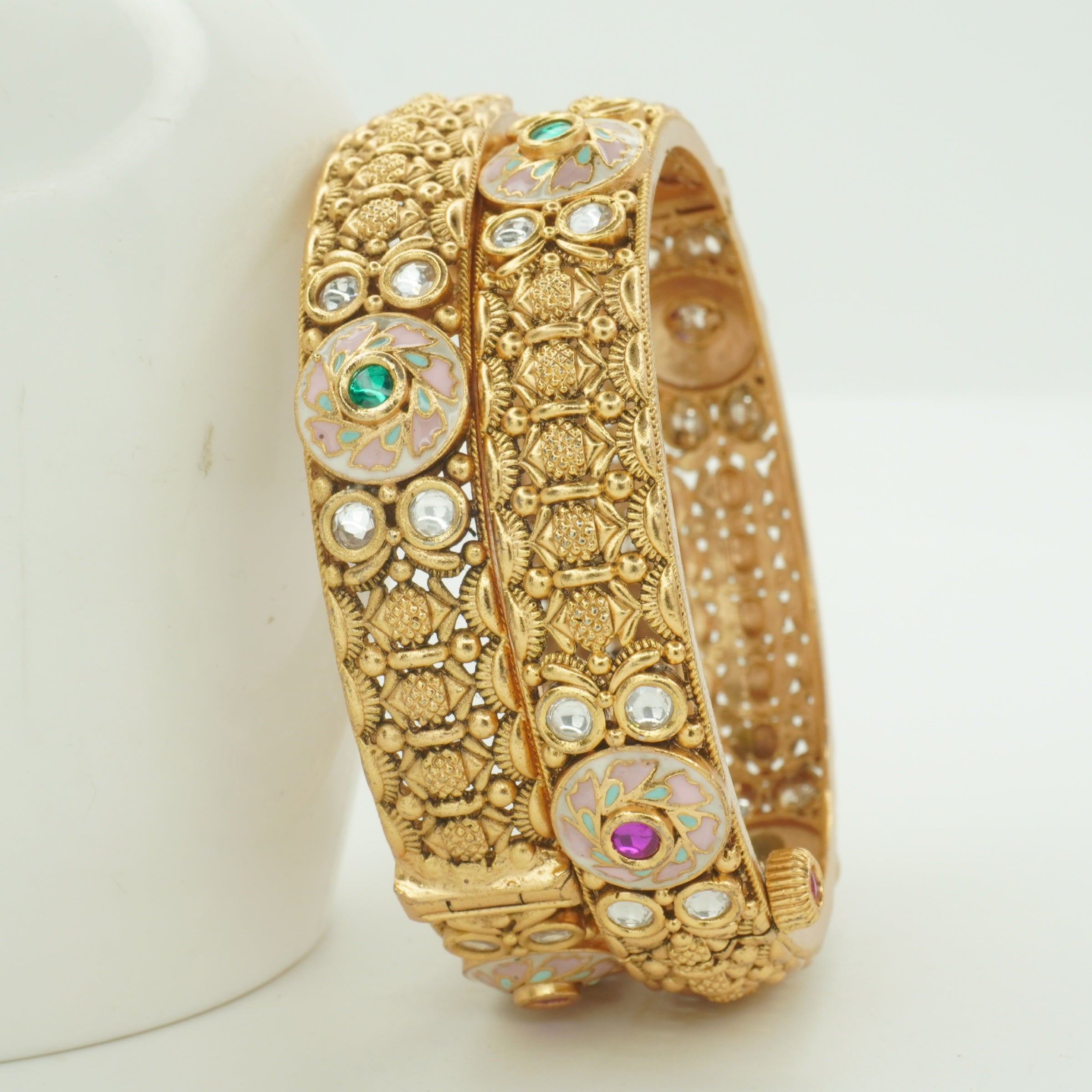 Traditional Indian Meenakari Kundan Style Bangles Pair – Antique Gold Tone Ethnic Jewelry for Women
