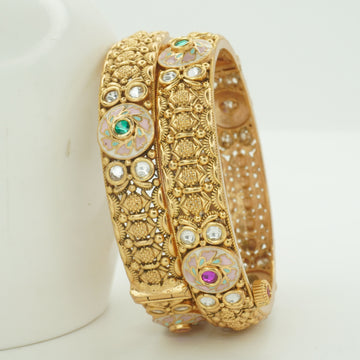 Traditional Indian Meenakari Kundan Style Bangles Pair – Antique Gold Tone Ethnic Jewelry for Women