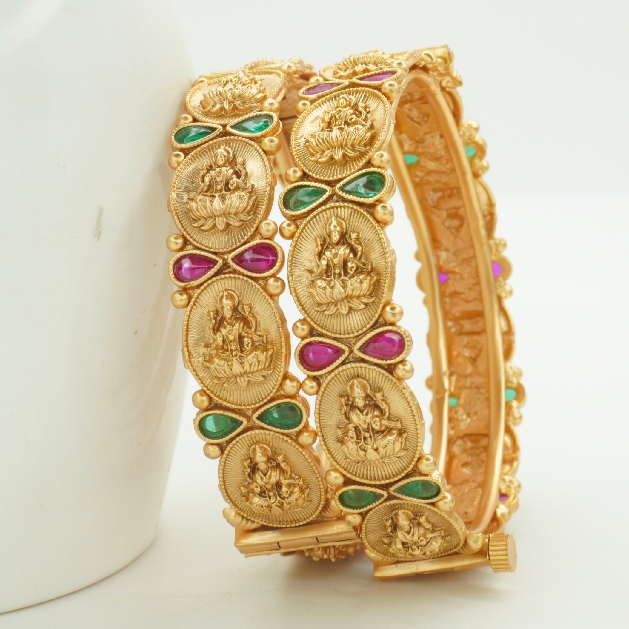 Gold Plated Lakshmi Temple Bangles Pair for Women - Traditional Bridal Kangan with Ruby Emerald Stones