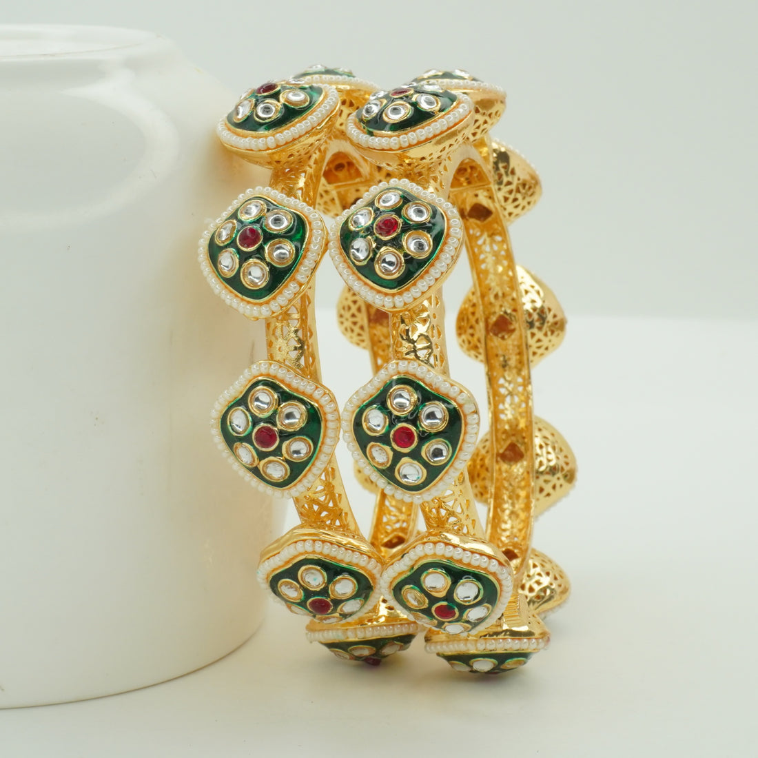 Handcrafted Indian Gold Plated Kundan Meenakari Pearl Bridal Bangles Pair for Women Ethnic Jewelry
