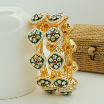 Handcrafted Indian Gold Plated Kundan Meenakari Pearl Bridal Bangles Pair for Women Ethnic Jewelry